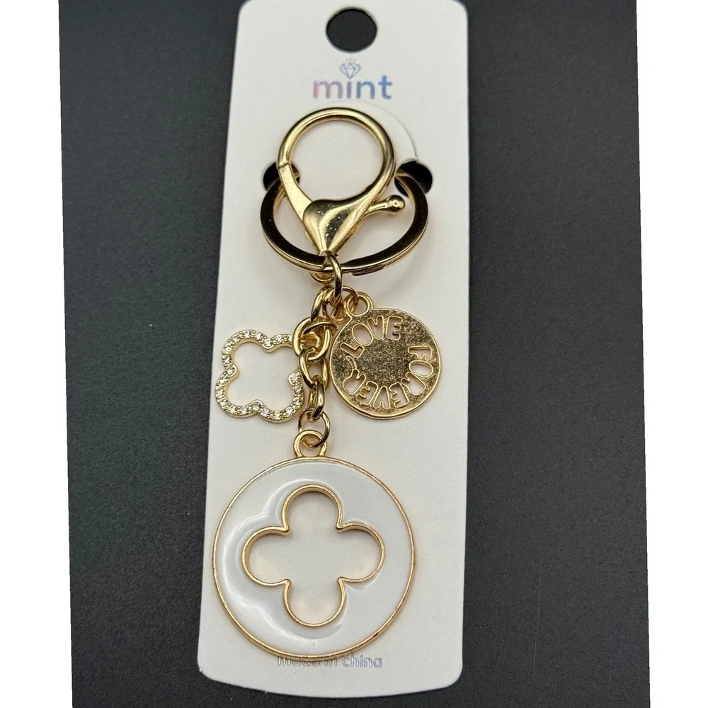 Mint Clover Flower Love Charm Keychain Gold Tone White Enamel